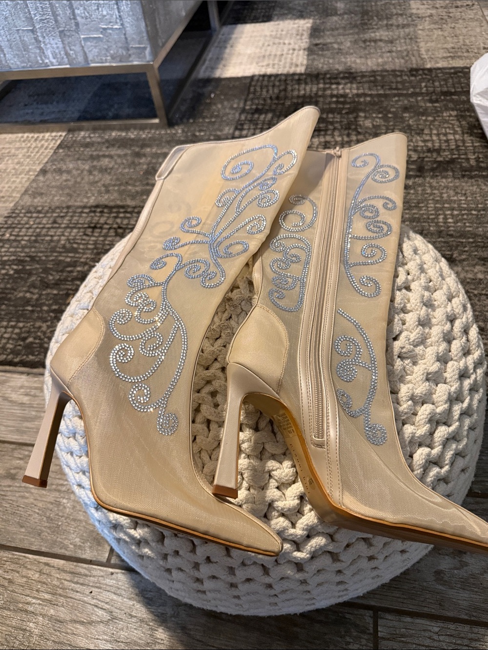 Gianni Bini Cream Rhinestone Scroll Heeled Boots